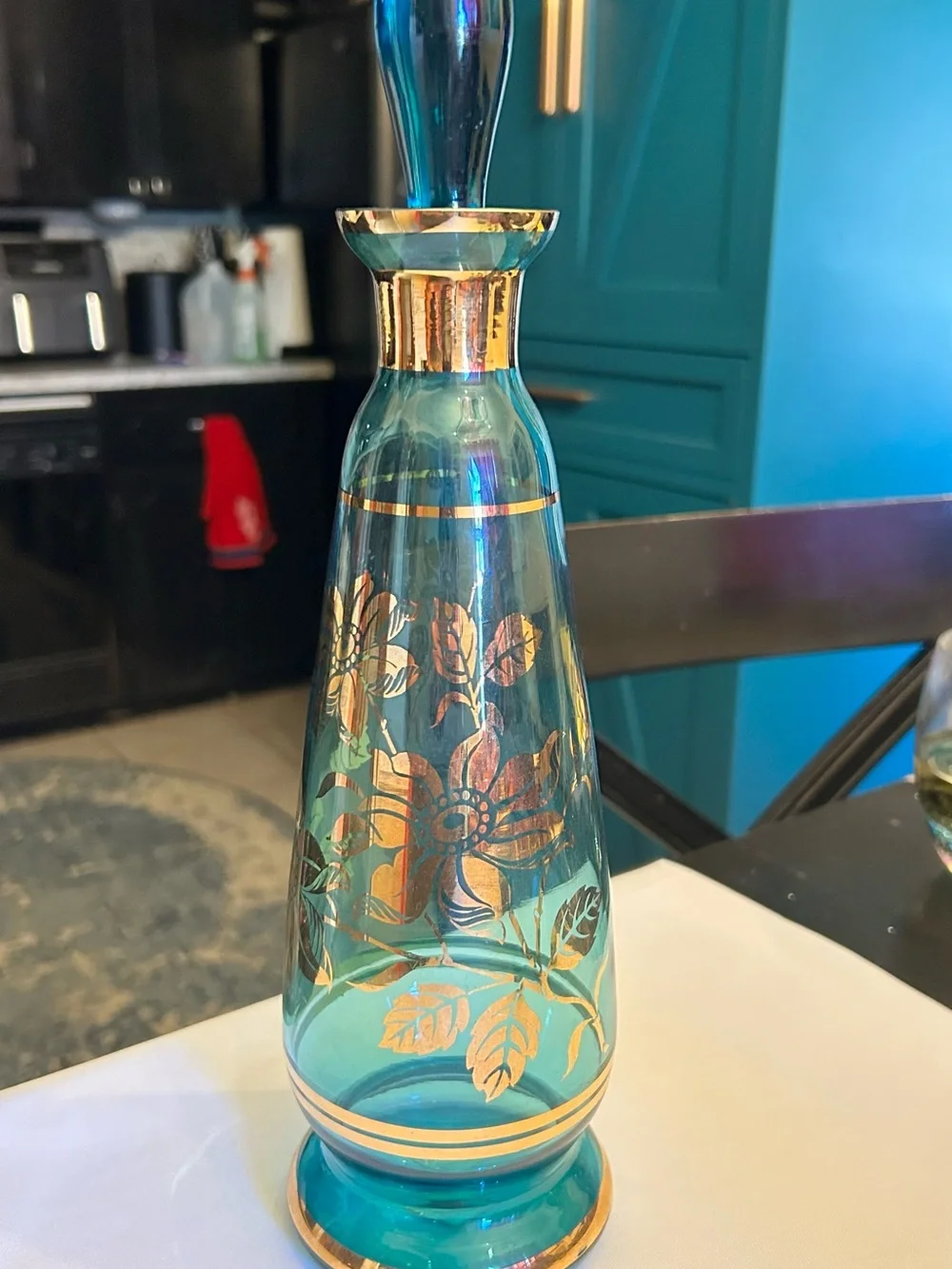 Teal Glass Decanter and Shot Glass Set with Gold Leaf Accents - Brand Unmarked